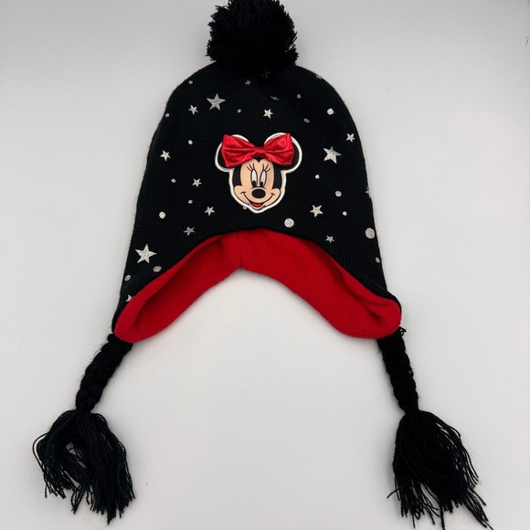 Kids Girls Disney Minnie Mouse Winter Beanie Hat Black Red Stars Pom Pom Braids - Picture 2 of 9
